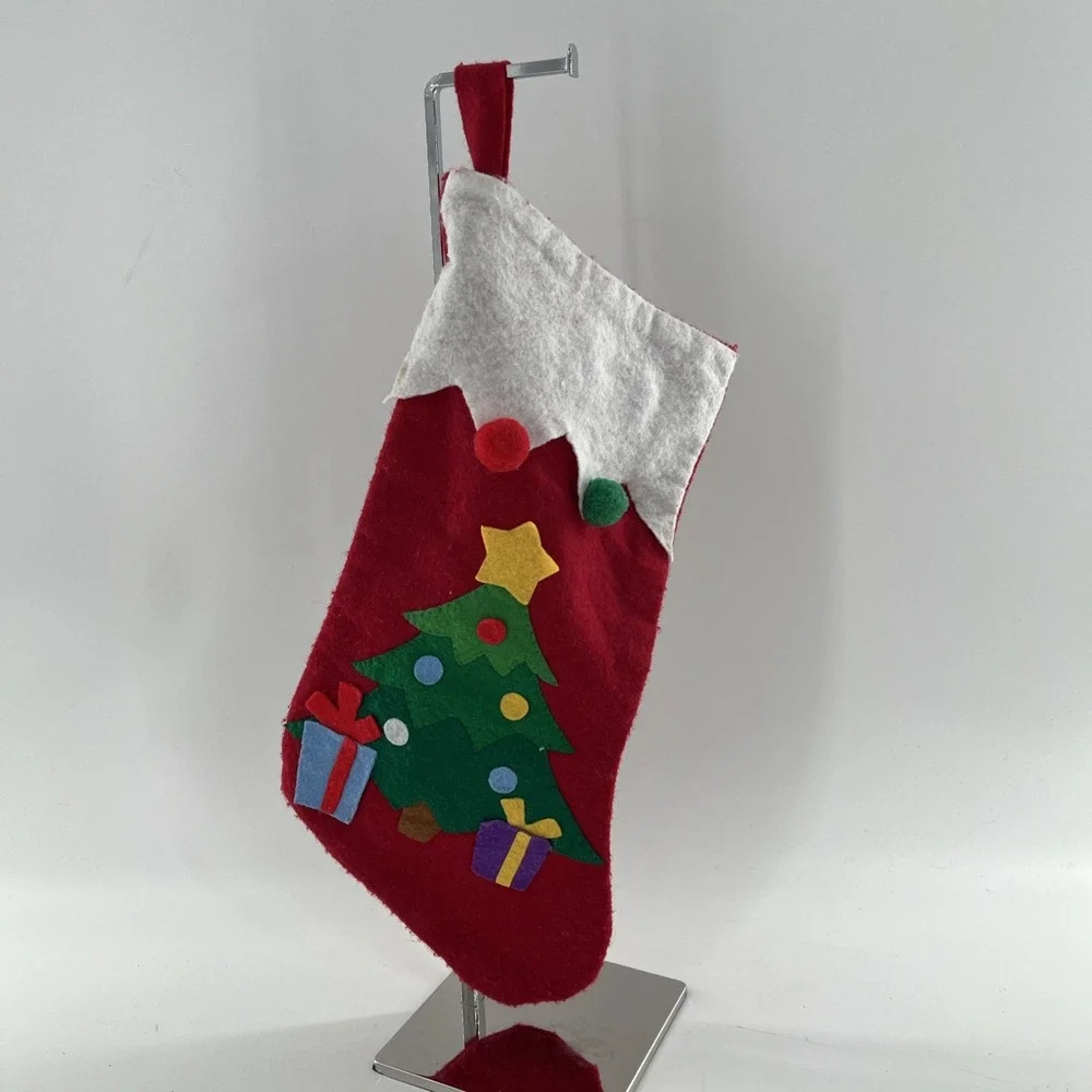 Vintage Felt Christmas Stocking Applique Christmas Tree Presents Poms Greenbrier